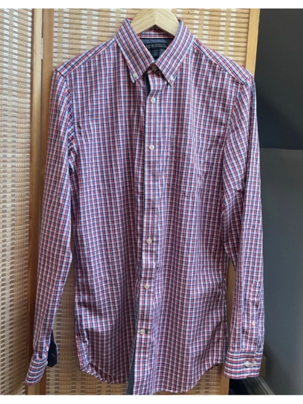 Banana Republic Tailored Slim Fit Non Iron Shirt Red Blue Check Button Down